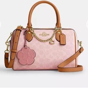 NWT Medium Coach Powder Pink Rowan Satchel Bag with Tea Rose Charms